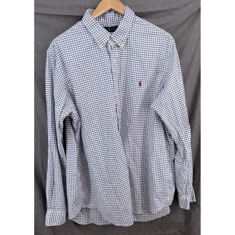Polo Ralph Lauren Button Down Mens XXL‎ 2XL White Blue Plaid Check Long Sleeve